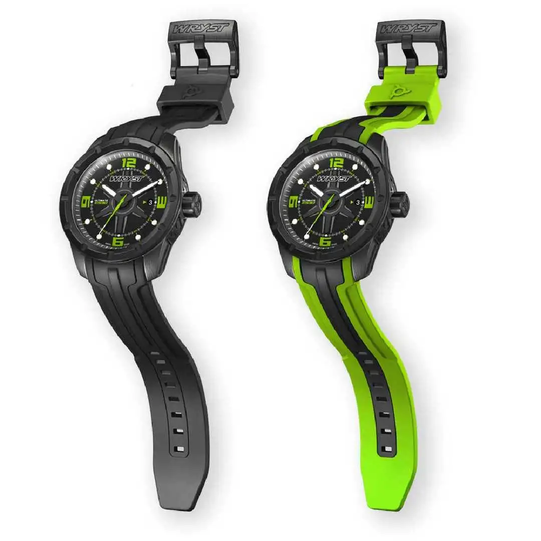 Mattschwarze Uhr mit schwarzem Zifferblatt und grünem Armband