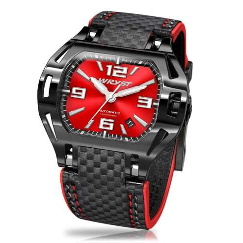 Montre Automatique Noire SX8 Bracelet Fibre de Carbone, Cadran Rouge