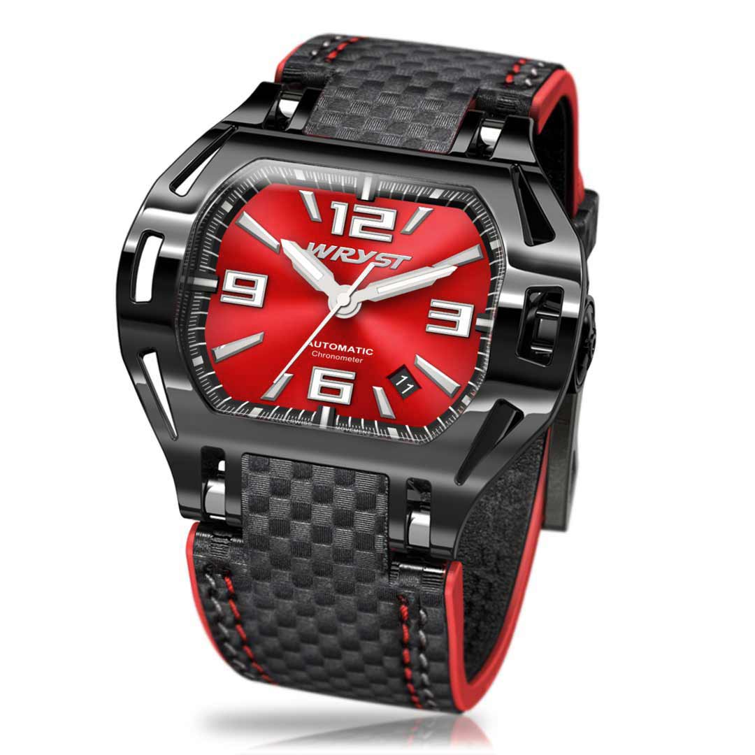 Montre Automatique Noire SX8 Bracelet Fibre de Carbone, Cadran Rouge