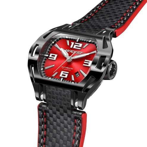 Montre Automatique Noire SX8 Bracelet Fibre de Carbone, Cadran Rouge