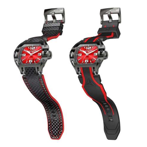 Wryst schwarze Automatikuhr SX8 Lederarmband, rotes Zifferblatt