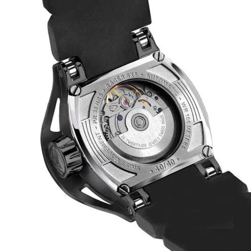 Montre Automatique Noire SX8 Bracelet Fibre de Carbone, Cadran Rouge