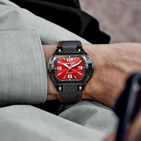 Wryst Black Automatic Watch SX8 Carbon Fiber strap and Red Dial