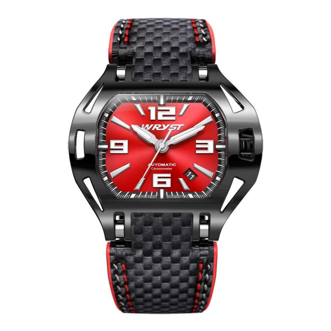 Automatic red dial watch with carbon fiber bracelet