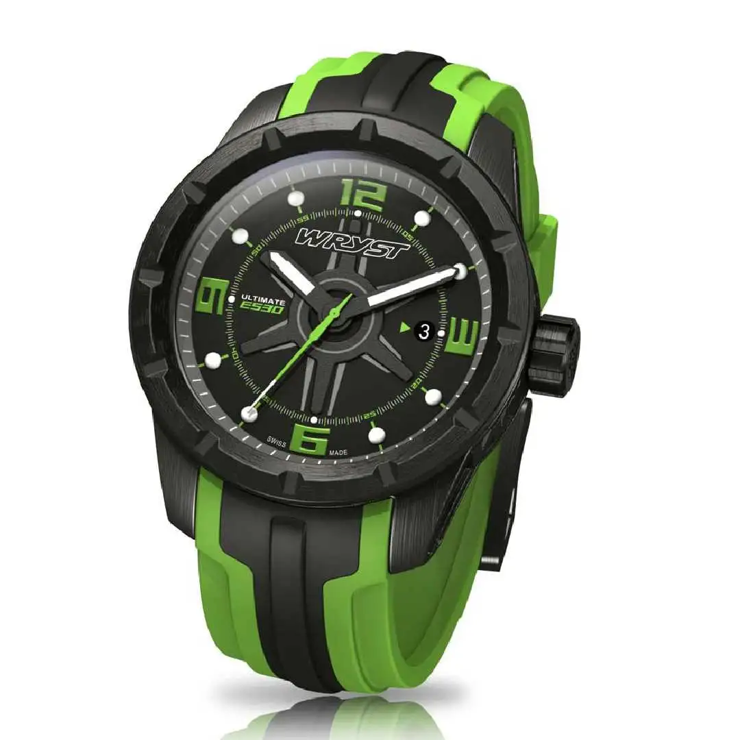 Schweizer Uhr aus Saphirglas mit schwarzem und grünem Silikonarmband
